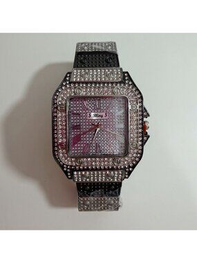 Bling Mens Rhinestone Iced Out Square Face Silver/Grey Wrist Watch